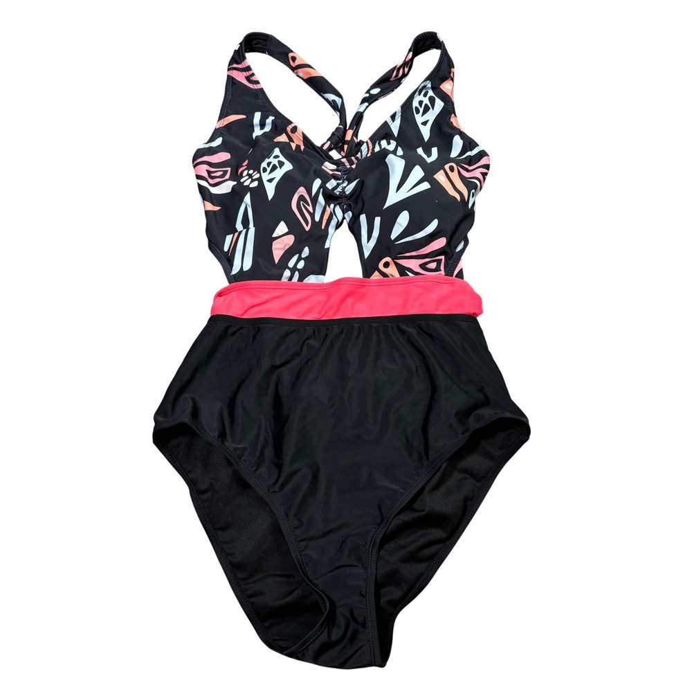 Molybell WomenSize Large Abstract Print Cut-Out One‎ Piece Swimsuit Pink Blk NWT